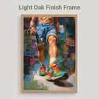 Step Forward gay art print in the light oak finish frame option, a man striding forward in denim shorts and bright trainers, labelled Light Oak Finish Frame