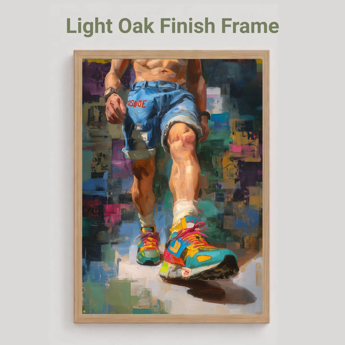 Step Forward gay art print in the light oak finish frame option, a man striding forward in denim shorts and bright trainers, labelled Light Oak Finish Frame