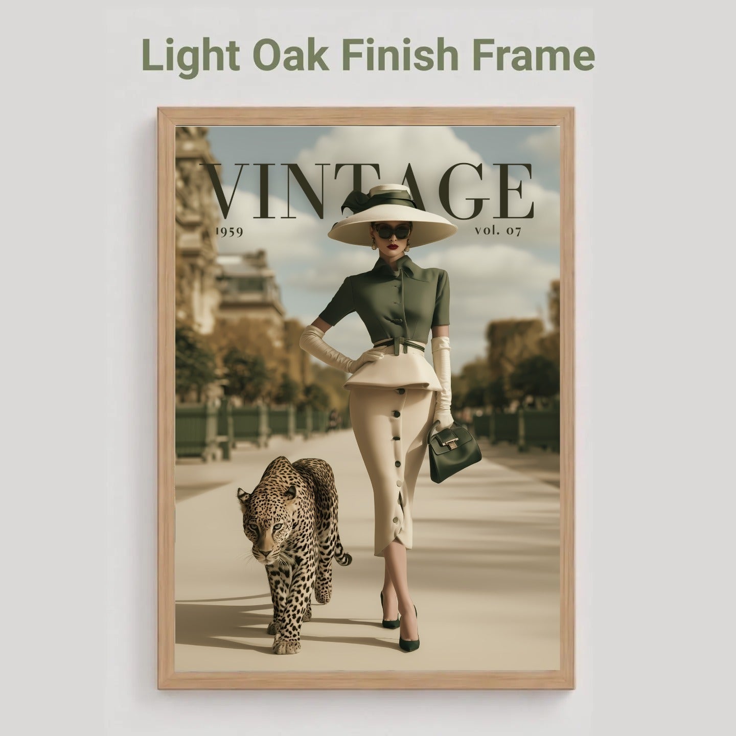 A framed vintage-style poster mockup on a light gray background, with the text 'Light Oak Finish Frame' above it. The poster shows a woman in a wide-brim hat and skirt walking a leopard along a city street, with large 'VINTAGE' lettering across the top.