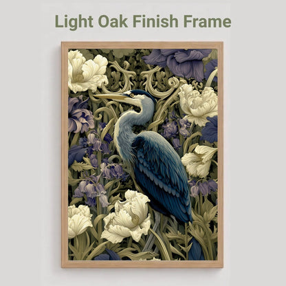 A framed art print featuring a heron surrounded by white flowers and purple foliage, displayed against a light gray background with the text 'Light Oak Finish Frame' above it.