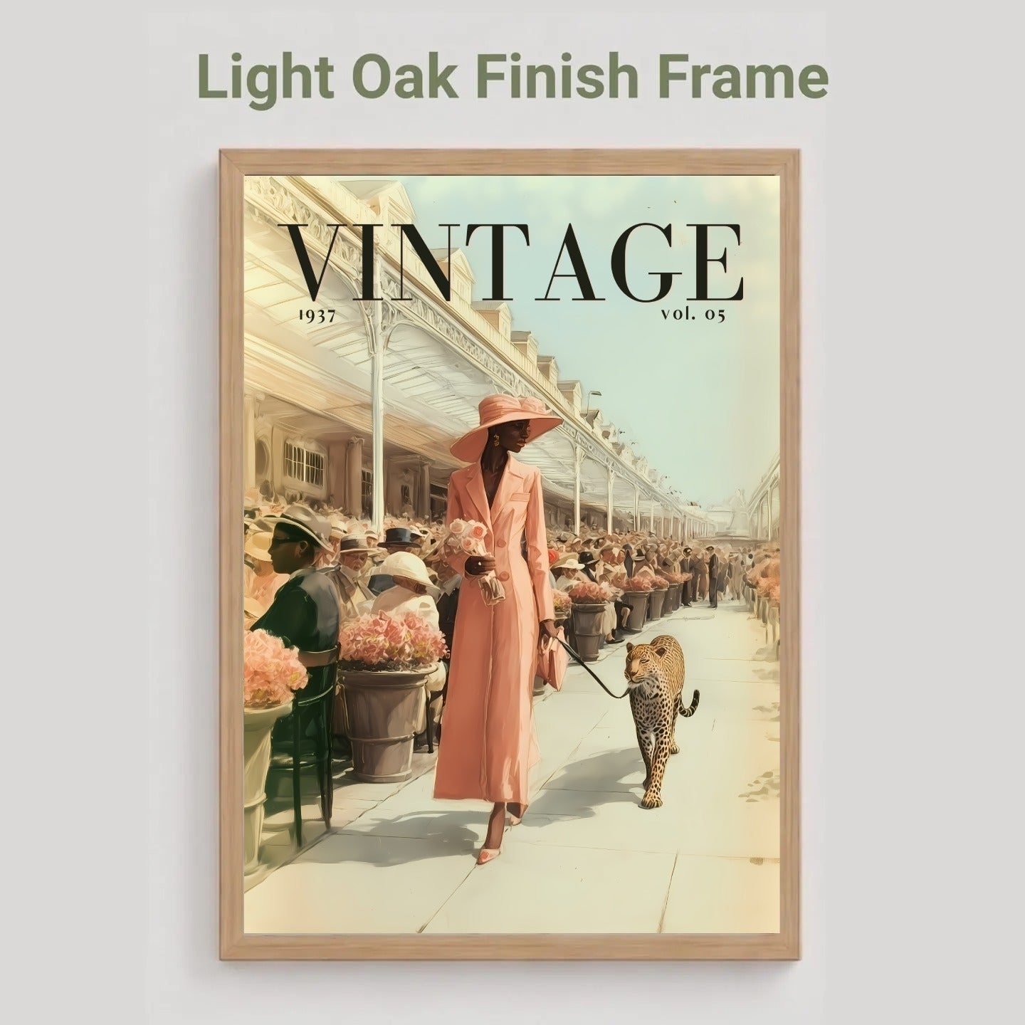 A framed art print featuring a vintage magazine cover design with the title VINTAGE, shown against a light gray background. The print depicts a woman in a pink outfit walking a cat on a sidewalk, with storefronts and other figures in the background.