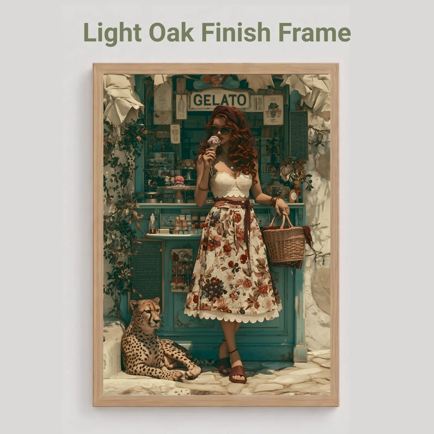 A framed art print featuring a vintage-style illustration of a woman in a floral dress standing in front of a teal gelato shop, with a leopard at her feet. The text 'Light Oak Finish Frame' appears above the frame on a light gray background.  Vintage, maximalist, eclectic wall art.
