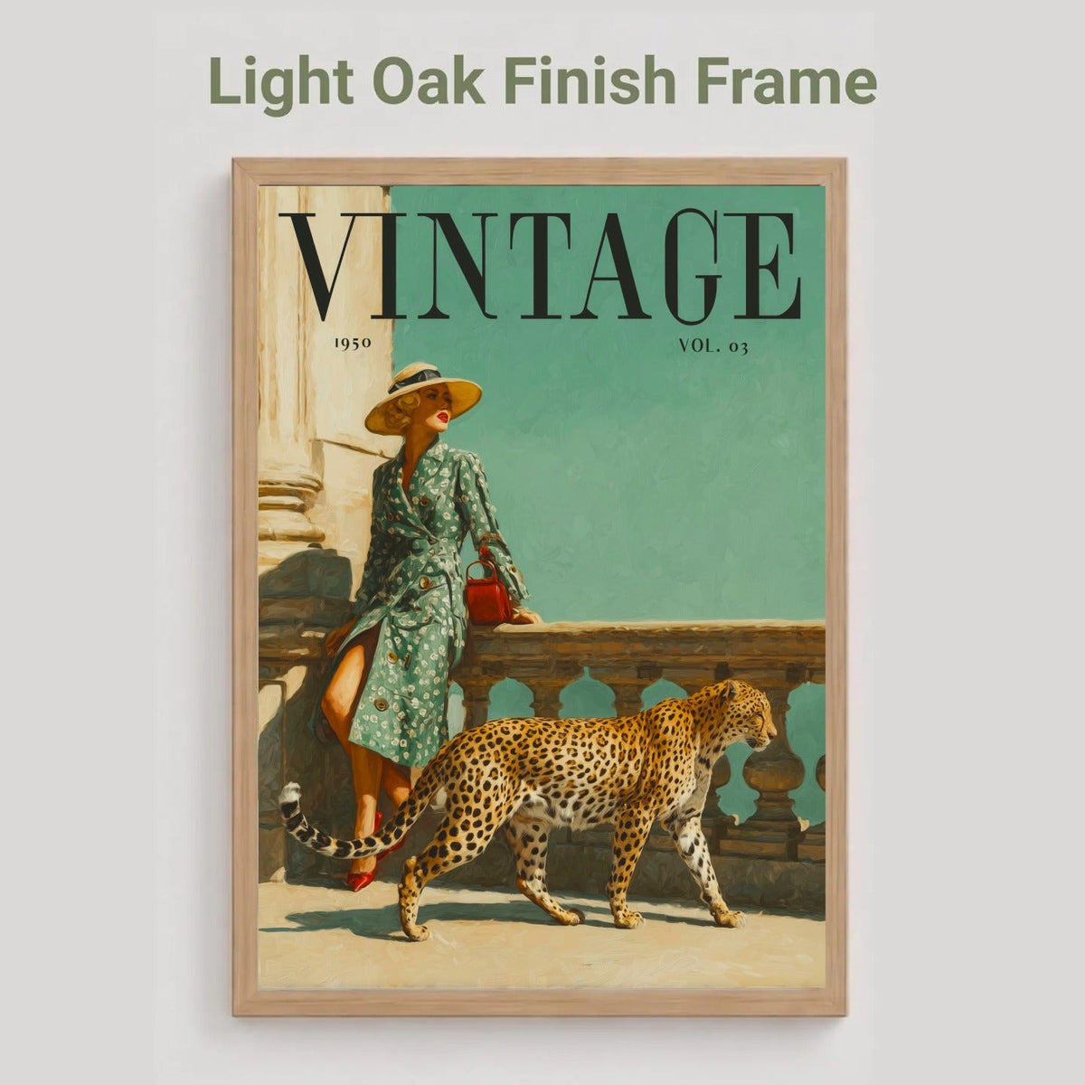 A framed vintage-style art print featuring a woman in a green patterned dress sitting on a balcony with a leopard walking in front of her, set in a light oak frame against a light gray background. Text above reads 'Light Oak Finish Frame'.