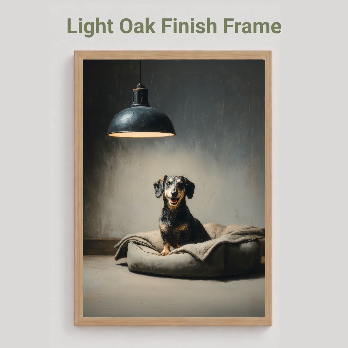 A framed wall art print showing a dachshund sitting on a cushion under a hanging lamp, with the text 'Light Oak Finish Frame' above the frame on a light gray background.
