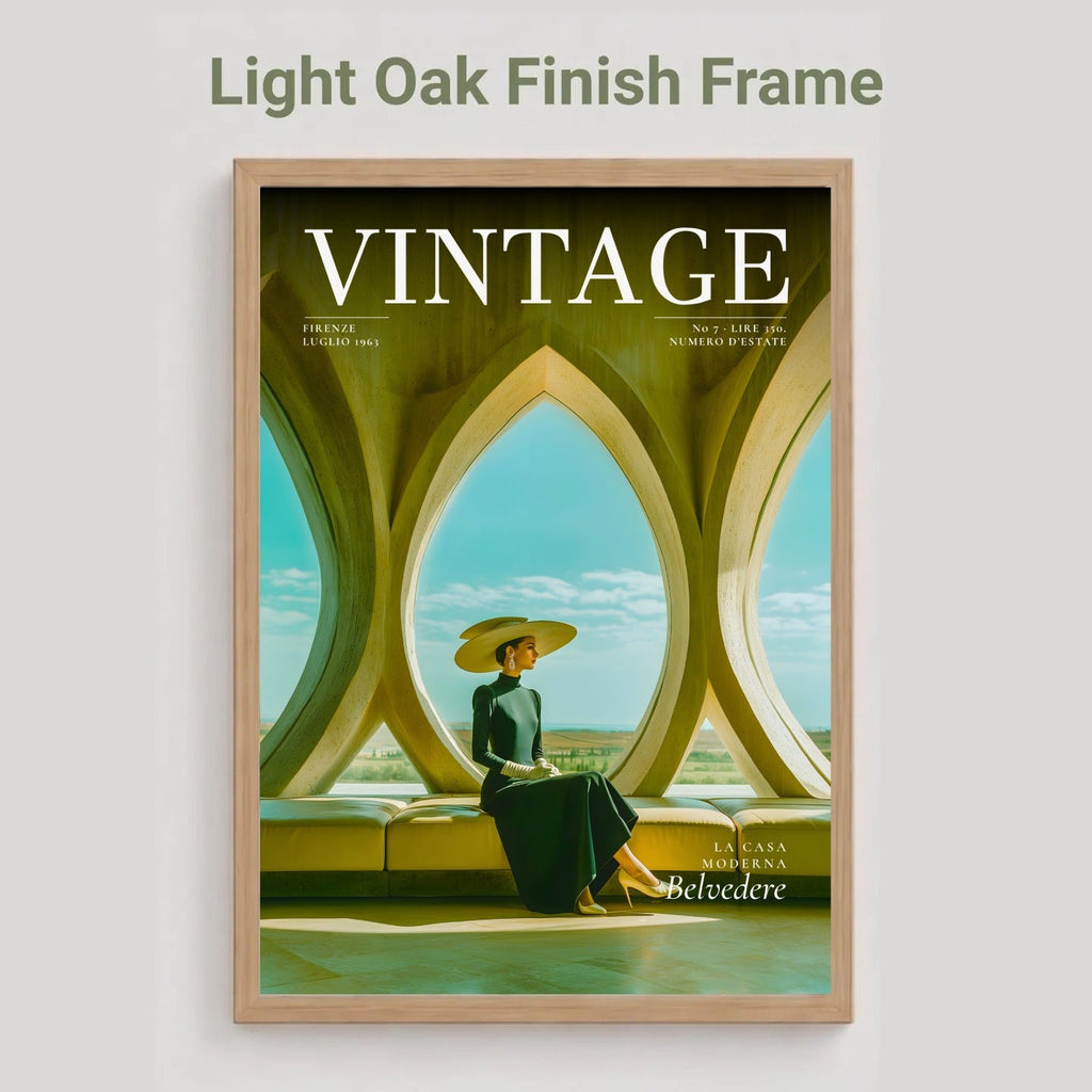 A framed vintage-style poster with the word VINTAGE at the top and a woman seated inside an arched window scene. The frame is labeled as light oak finish, and the poster is shown against a plain light gray background.