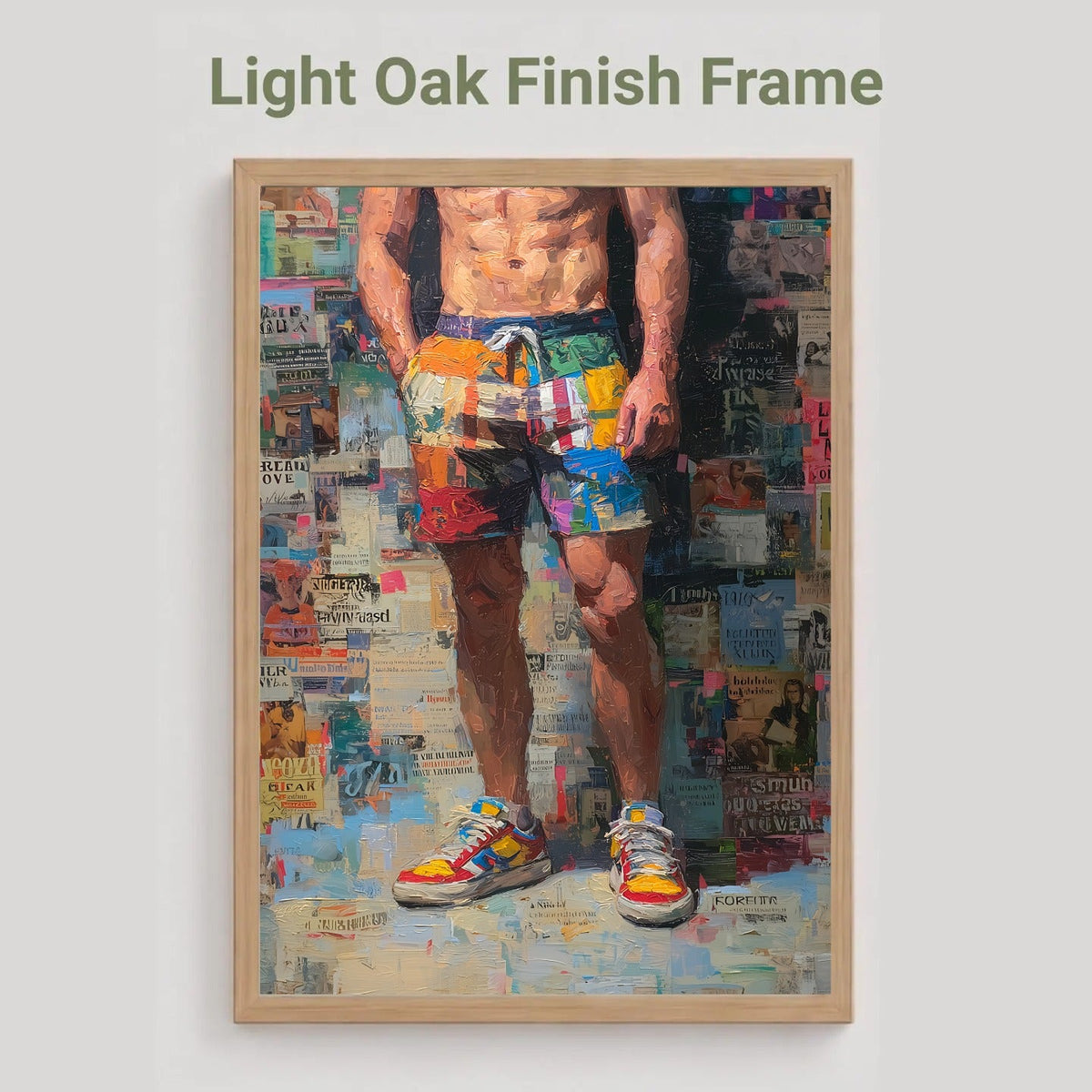 Front Page print in a light oak frame finish, labelled Light Oak Finish Frame, showing a man in colourful patchwork shorts and trainers against a magazine collage background.
