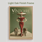 A framed art print featuring a vintage-style Vogue cover illustration with a woman in a red dress and two leopards, shown against a light gray background with the text 'Light Oak Finish Frame' above it.