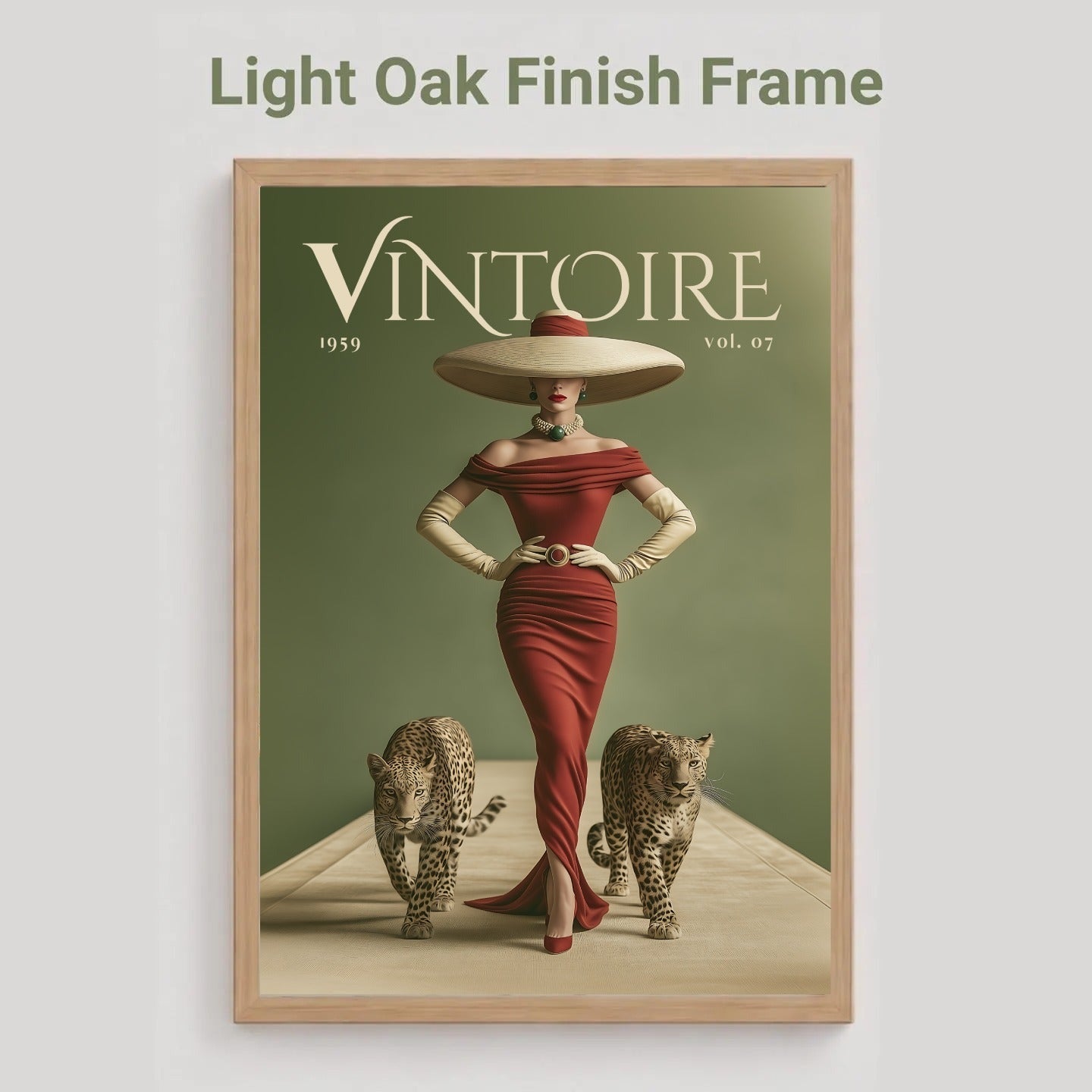 A framed art print featuring a vintage-style Vogue cover illustration with a woman in a red dress and two leopards, shown against a light gray background with the text 'Light Oak Finish Frame' above it.