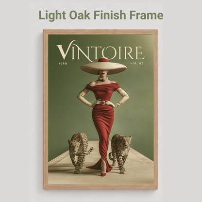 A framed art print featuring a vintage-style Vogue cover illustration with a woman in a red dress and two leopards, shown against a light gray background with the text 'Light Oak Finish Frame' above it.