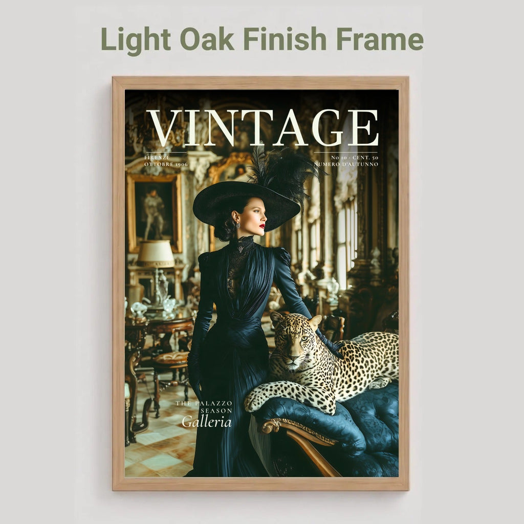 A framed vintage magazine cover featuring a woman in a dark dress and hat beside a leopard, displayed against a light gray background with the text 'Light Oak Finish Frame' above it.