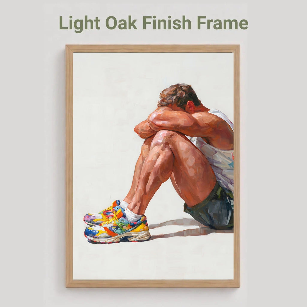 Rest gay art print in the light oak finish frame option, a seated man resting his head on his knees in colourful trainers, labelled Light Oak Finish Frame