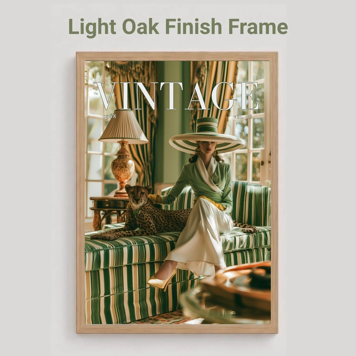 A framed art print featuring a vintage lifestyle photograph of a woman in a green striped armchair with a leopard, housed in a light oak frame. The text 'Light Oak Finish Frame' is displayed above the frame on a neutral light gray background.