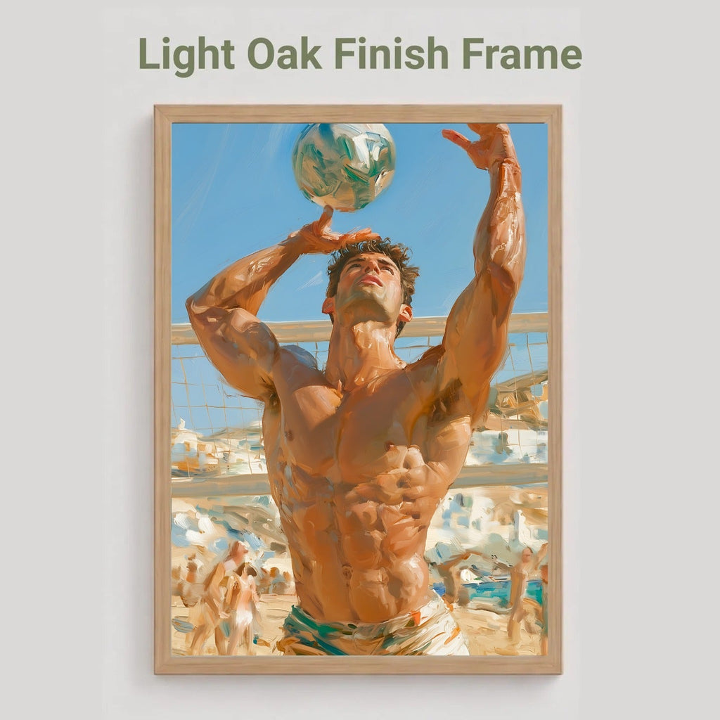A framed art print featuring a muscular man balancing a soccer ball on his head in a sunny beach setting, displayed on a light gray background with the text 'Light Oak Finish Frame' above it.