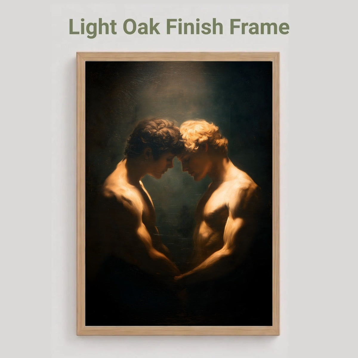 A framed art print featuring a classical-style painting of two muscular men facing each other in dramatic low light, displayed on a light gray background with the text 'Light Oak Finish Frame' above it.