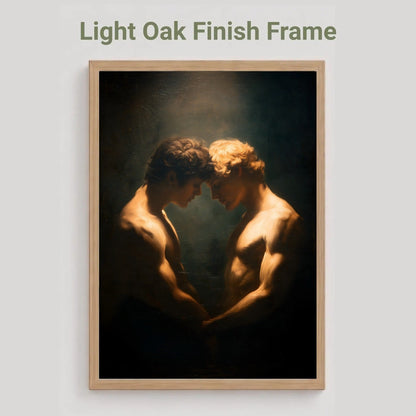 A framed art print featuring a classical-style painting of two muscular men facing each other in dramatic low light, displayed on a light gray background with the text 'Light Oak Finish Frame' above it.