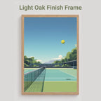 A framed art print depicting a stylized tennis court scene under a blue sky, with the text 'Light Oak Finish Frame' above it on a light gray background.