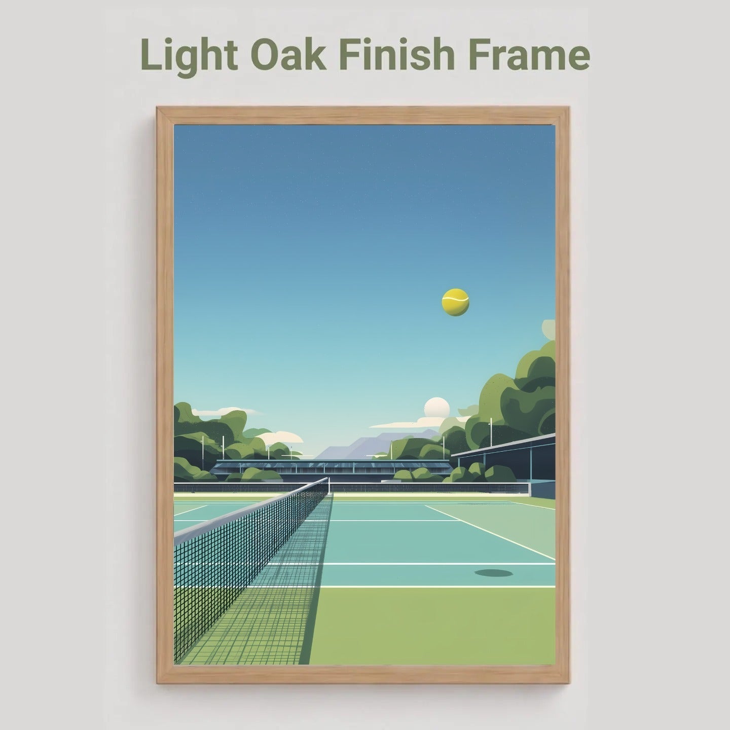 A framed art print depicting a stylized tennis court scene under a blue sky, with the text 'Light Oak Finish Frame' above it on a light gray background.