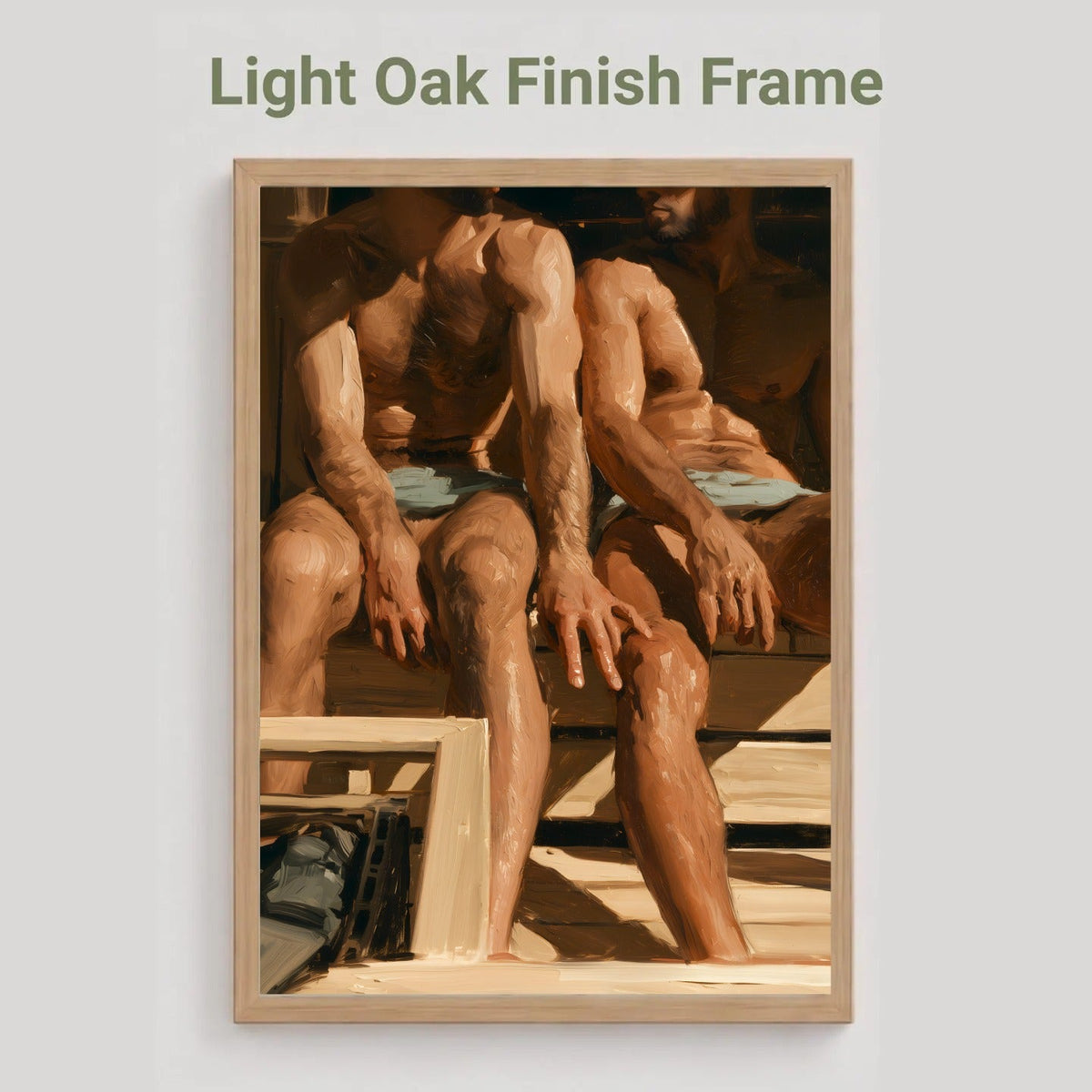 A framed art print featuring a warm-toned painting of seated figures, displayed against a light gray background with the text 'Light Oak Finish Frame' above it.