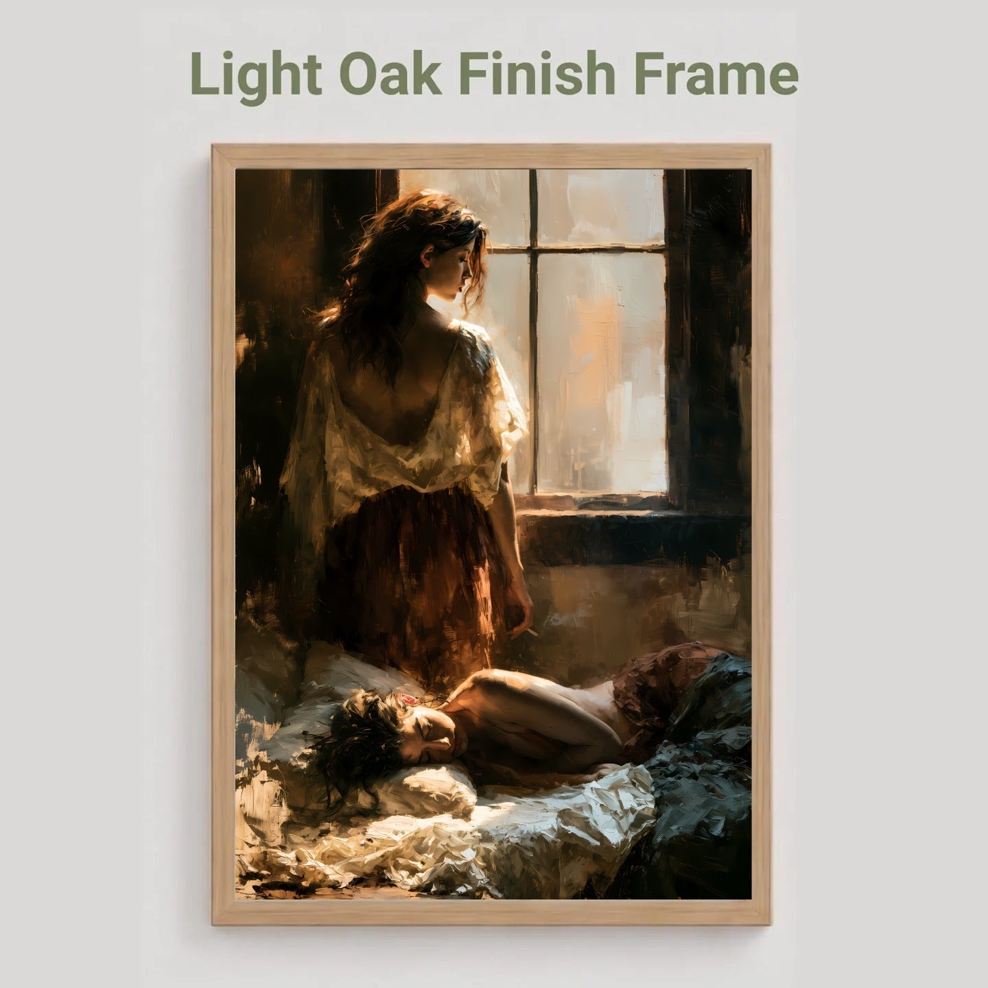 A framed art print featuring a painterly scene of a woman by a window, shown in a light oak finish frame against a light gray background with the text 'Light Oak Finish Frame' above it. Sapphic, wlw.