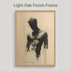 A framed art print featuring a black charcoal figure drawing on a light beige background, enclosed in a light oak wood frame. The text 'Light Oak Finish Frame' is displayed above the frame against a neutral light gray background.
