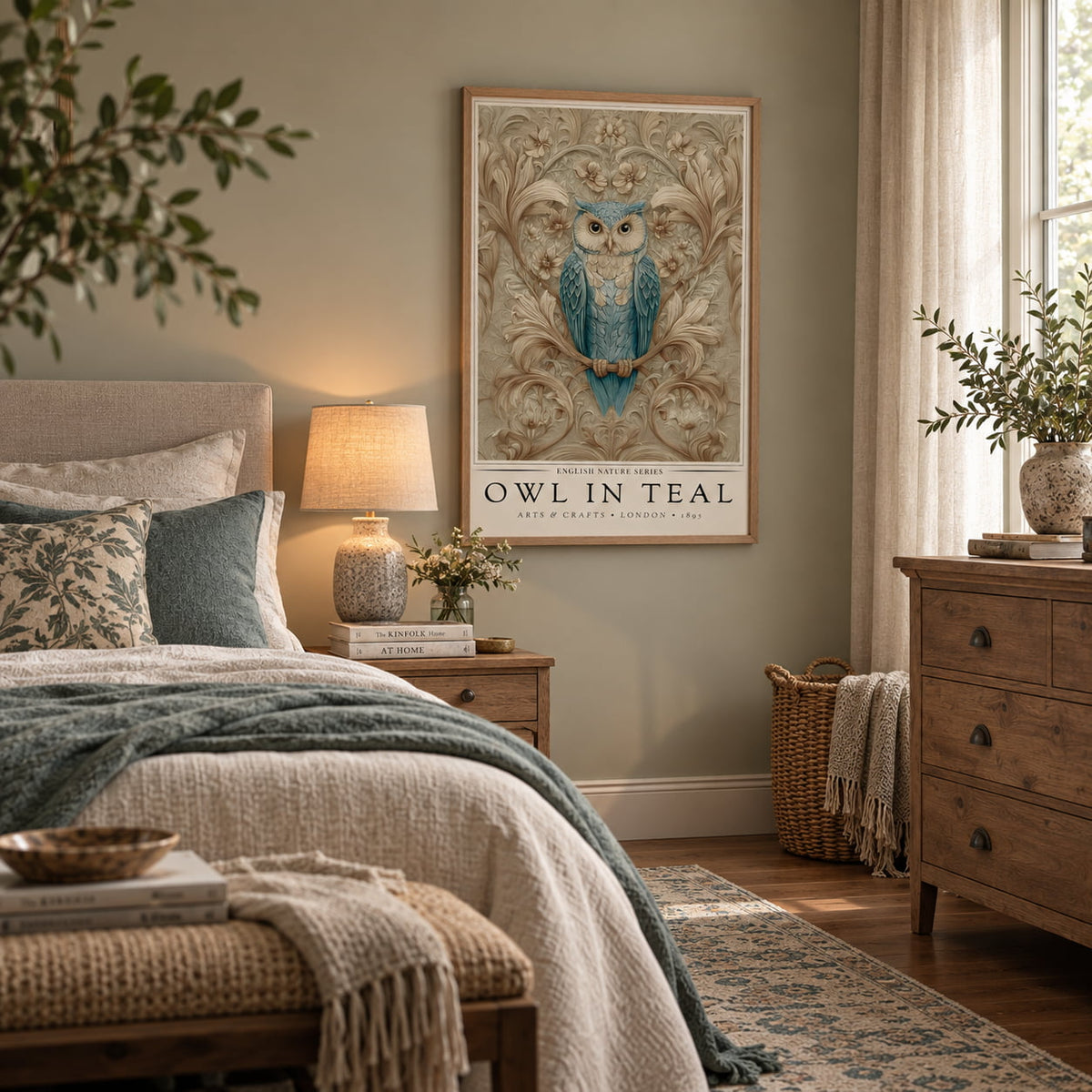 A framed wall art print featuring a blue owl with the text 'OWL IN TEAL' hangs above a neatly made bed in a styled bedroom. The room has warm neutral tones, a wooden nightstand with a lamp, a dresser, plants, and soft natural light from a window.