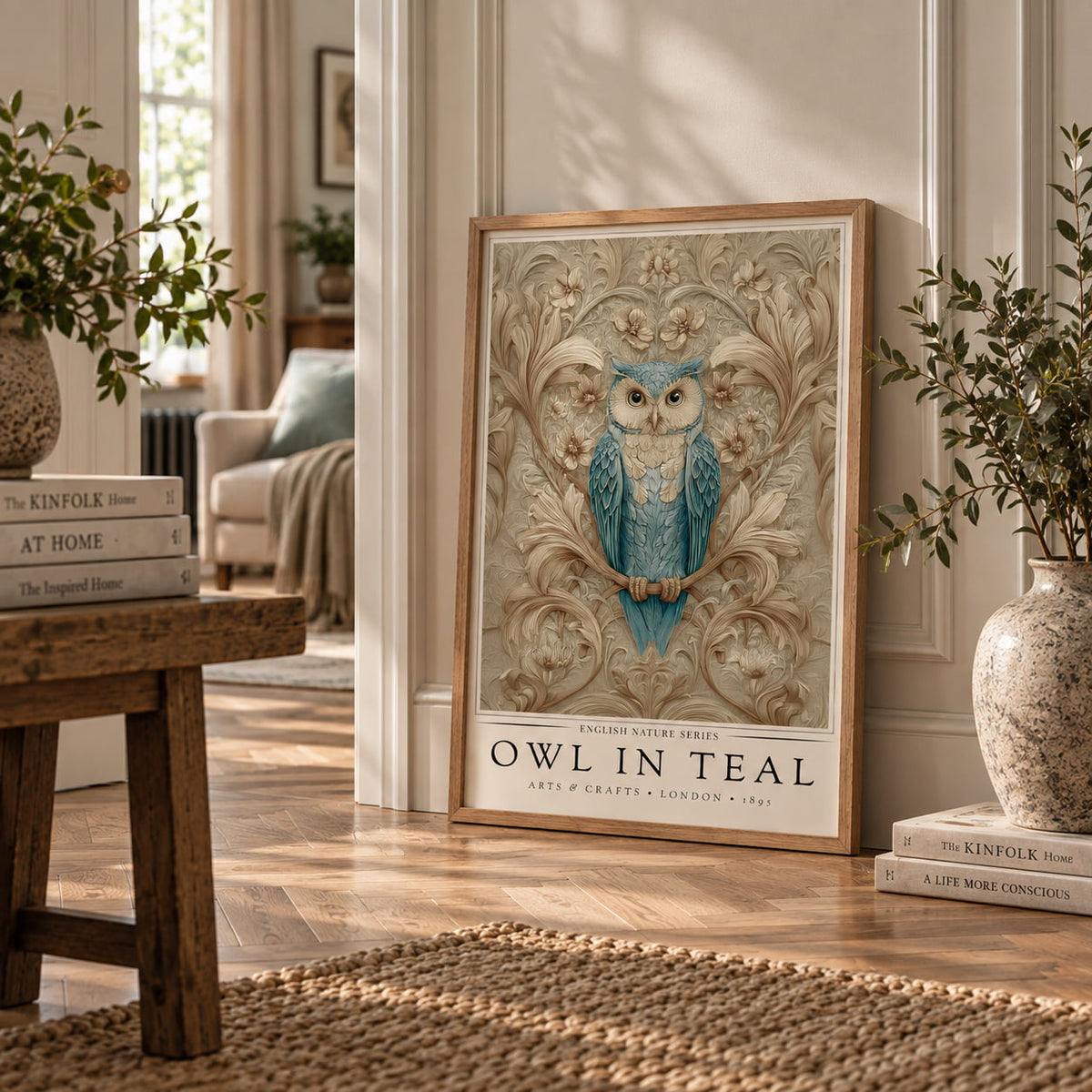 A framed art print featuring a blue owl on a branch with ornate floral details, leaning against a white wall in a styled room with wood floors, plants, and books.