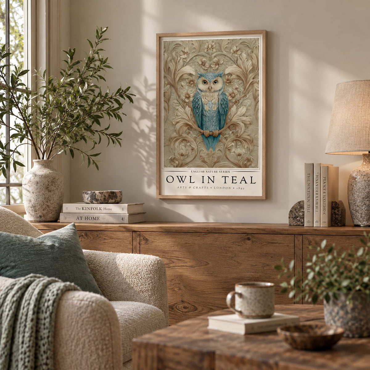 A framed art print featuring a blue owl perched on a branch with the text 'OWL IN TEAL' and 'ARTHUR GRAFTON & LONDON 1911' displayed on a beige wall in a cozy, sunlit living room setting.