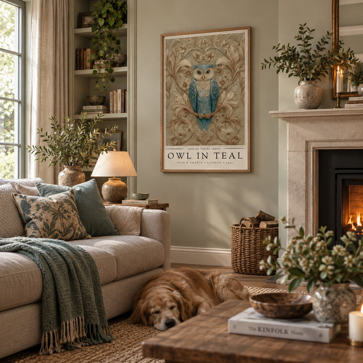A framed art print featuring a blue owl on a vintage-style botanical background, hanging on a sage green wall in a cozy, well-lit living room with a dog lying on the floor nearby.