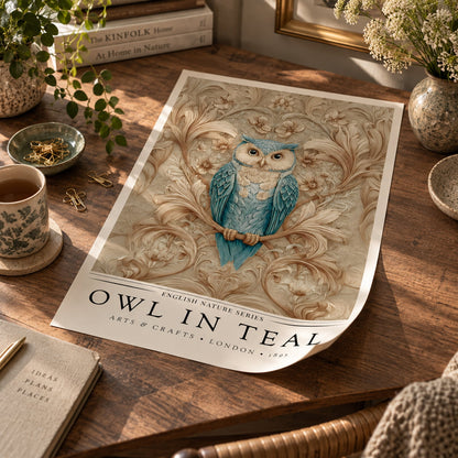A vintage-style illustrated poster or art print featuring a blue owl perched on ornate floral scrollwork, displayed on a wooden table in a styled room setting with books, plants, flowers, and a cup nearby.