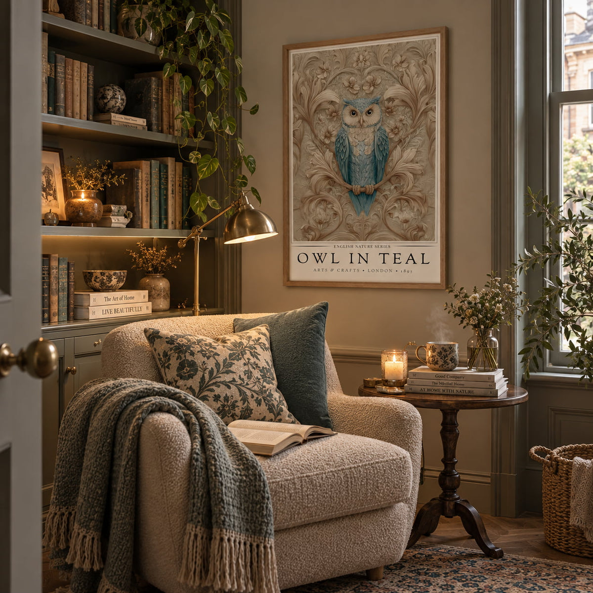 A cozy living room scene featuring a framed art print of an owl titled 'Owl in Teal' hanging on a gray wall above a textured beige armchair with patterned pillows and a throw blanket.