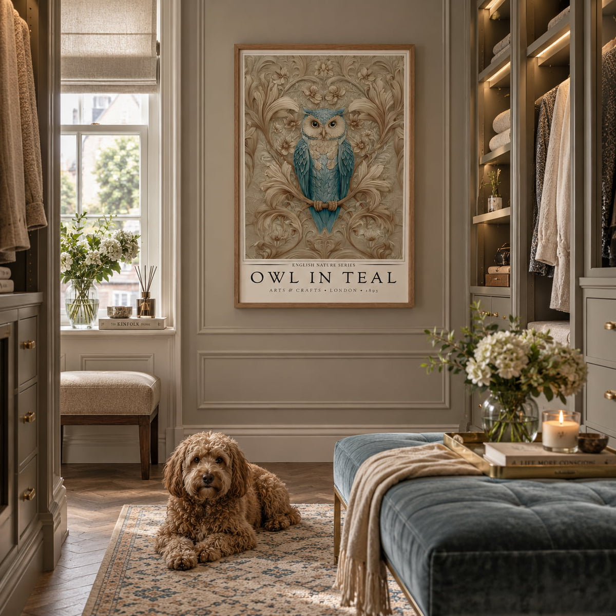 A framed wall art print featuring a blue owl on a beige background with the text 'OWL IN TEAL' hangs in a styled dressing room. A small brown dog lies on a patterned rug below, and shelves, bench, flowers, and candles surround the scene.