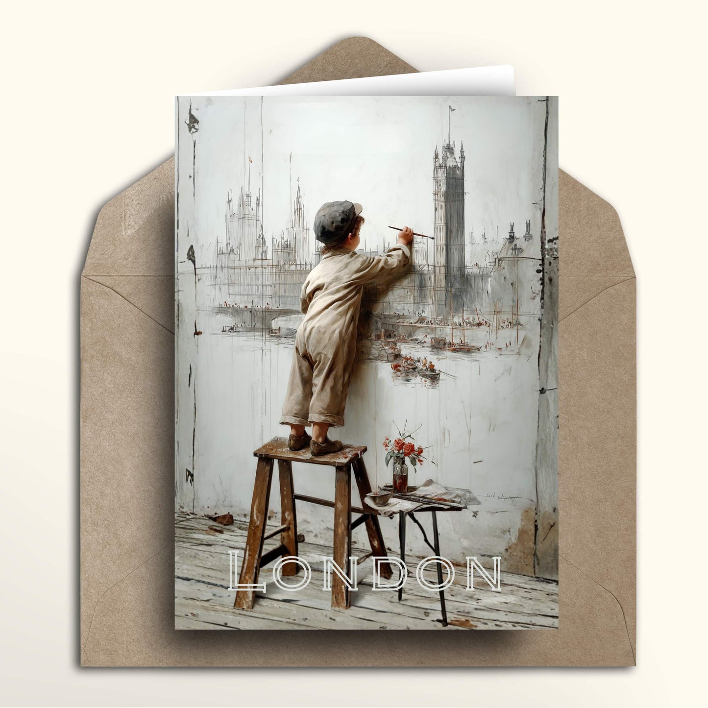 Vintage-style London skyline greeting card showing a child painting a cityscape, soft sketch and watercolour look.