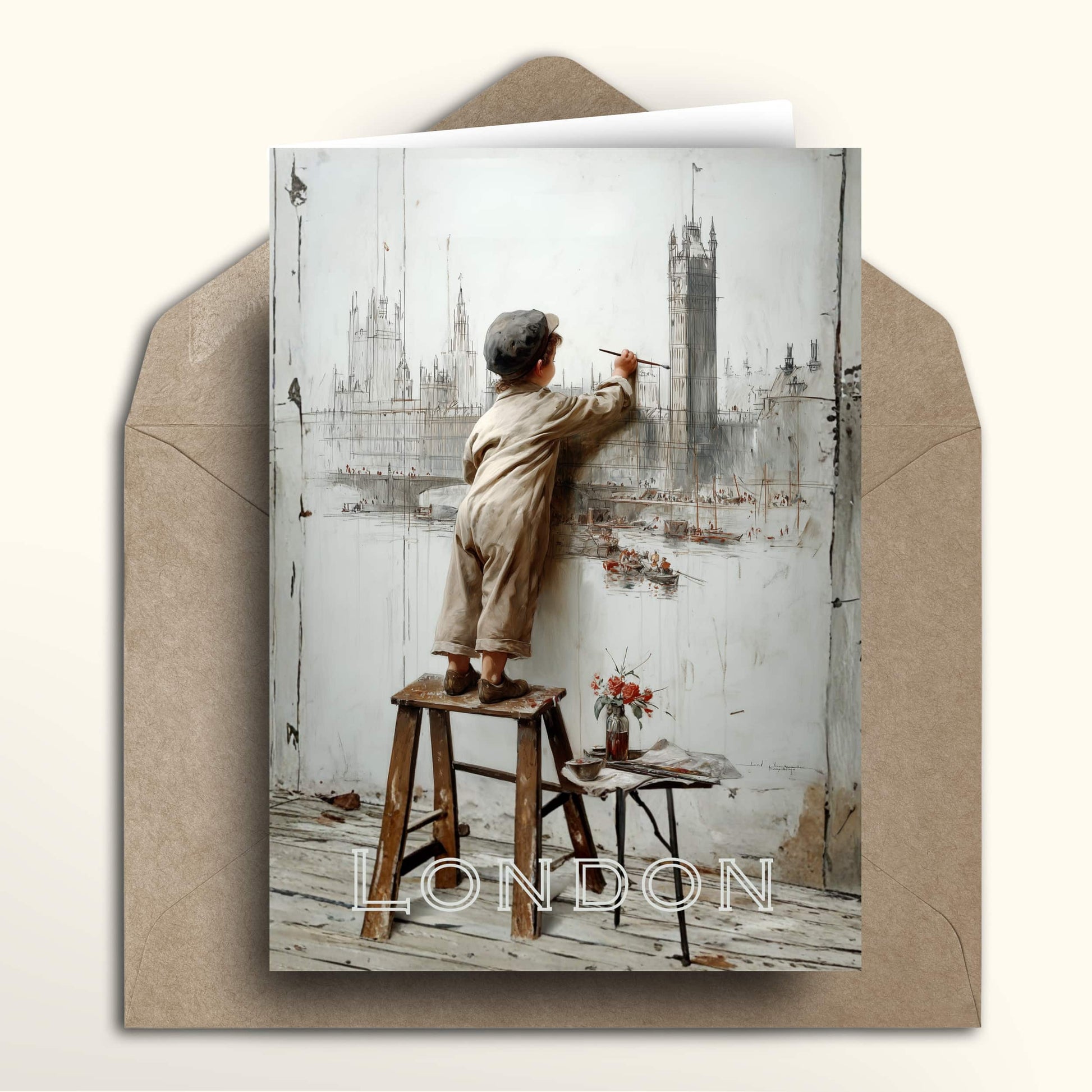 Vintage-style London skyline greeting card showing a child painting a cityscape, soft sketch and watercolour look.