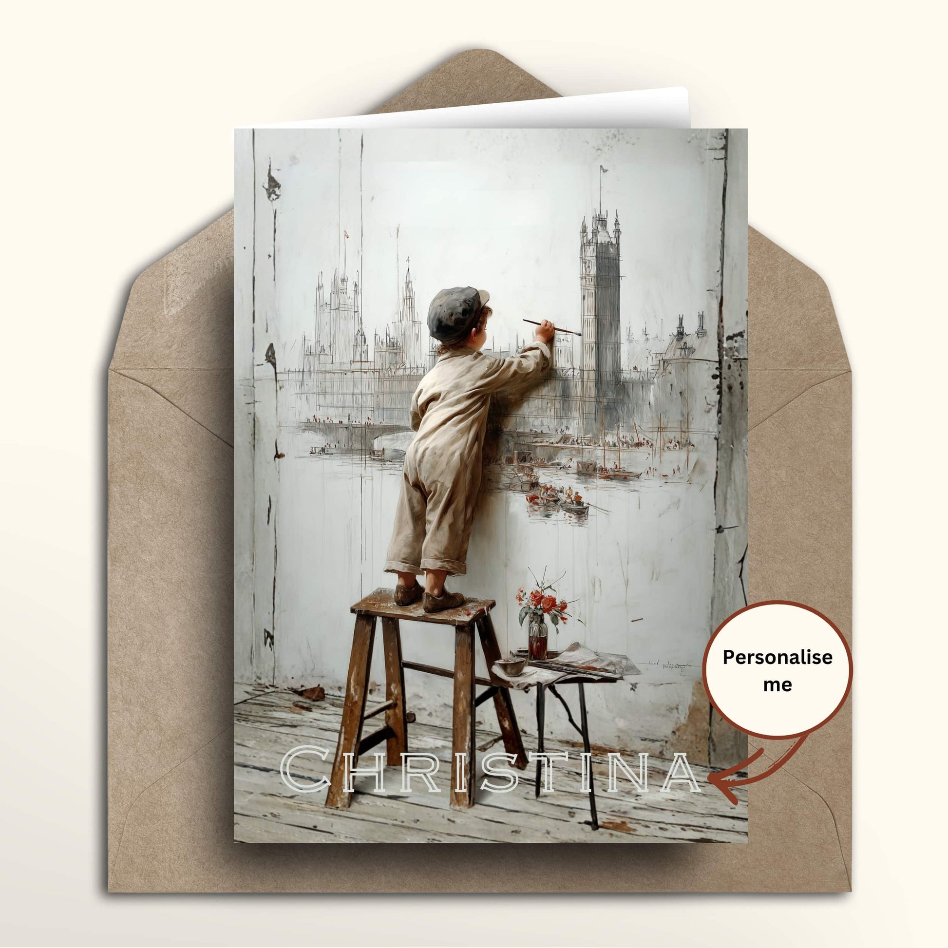 Vintage-style London skyline greeting card showing a child painting a cityscape, soft sketch and watercolour look.