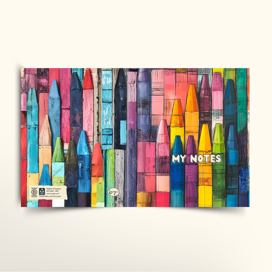 Colorful crayon pattern notebook spread of front and back with 'MY NOTES' text on a white background