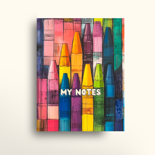 Colorful crayon design hardcover notebook with 'MY NOTES' text on a white background