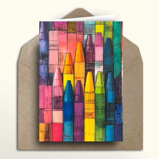 Greeting card with colorful crayon design on a brown envelope