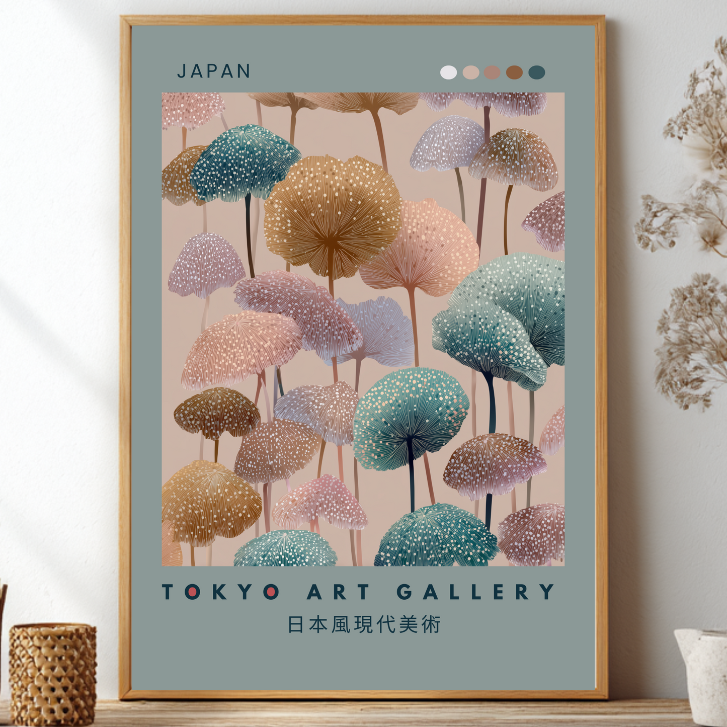 Pastel mushroom forest Japanese botanical wall art print with fine radiating line caps in teal, blush pink, ochre and mauve on a warm nude ground, sage green border