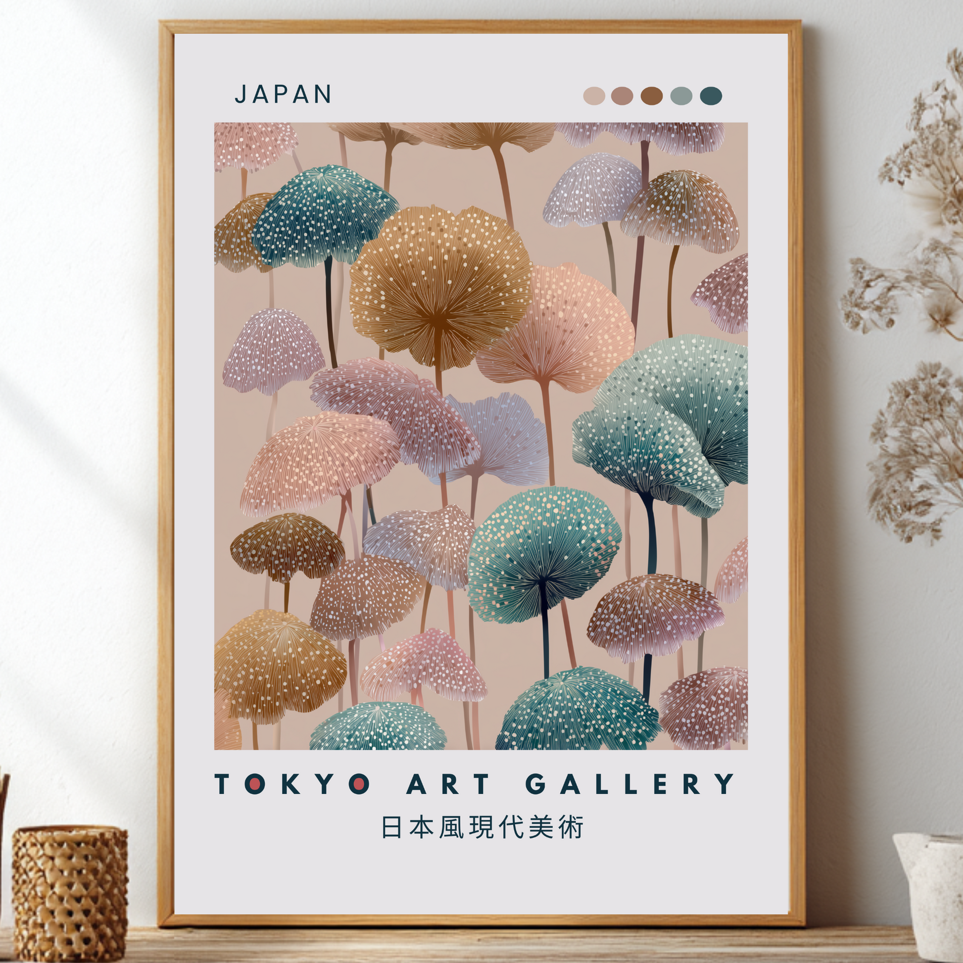 Japanese-inspired pastel mushroom illustration poster with delicate dot and line cap detail in soft teal, rose and ochre tones, light grey border