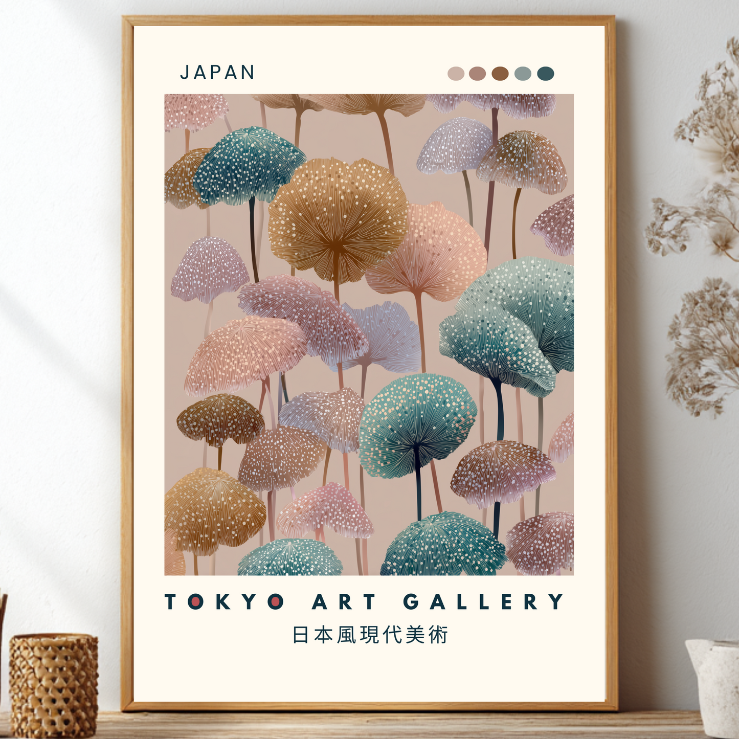 Japandi botanical wall art featuring a cluster of stylised mushroom forms in muted pastel tones of pink, teal, lavender and warm brown, cream border