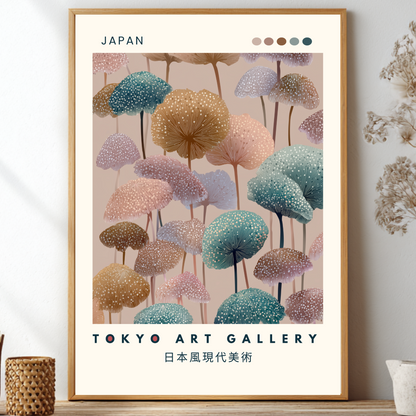 Japandi botanical wall art featuring a cluster of stylised mushroom forms in muted pastel tones of pink, teal, lavender and warm brown, cream border