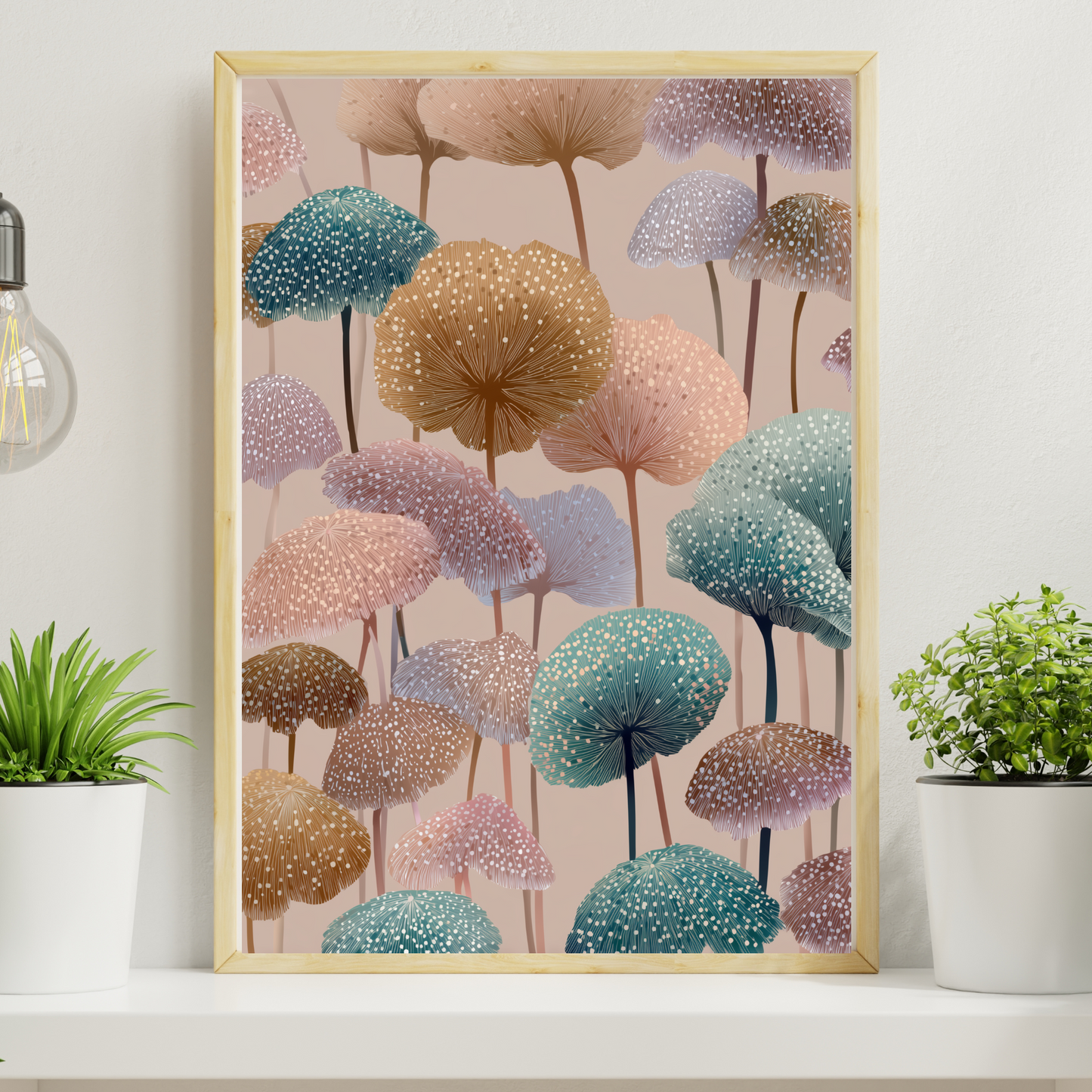 Japandi botanical wall art print featuring a dense cluster of stylised mushroom forms with fine radiating line caps and scattered dot details, in soft pastel tones of teal, blush pink, dusty mauve, warm ochre and lavender on a warm nude ground