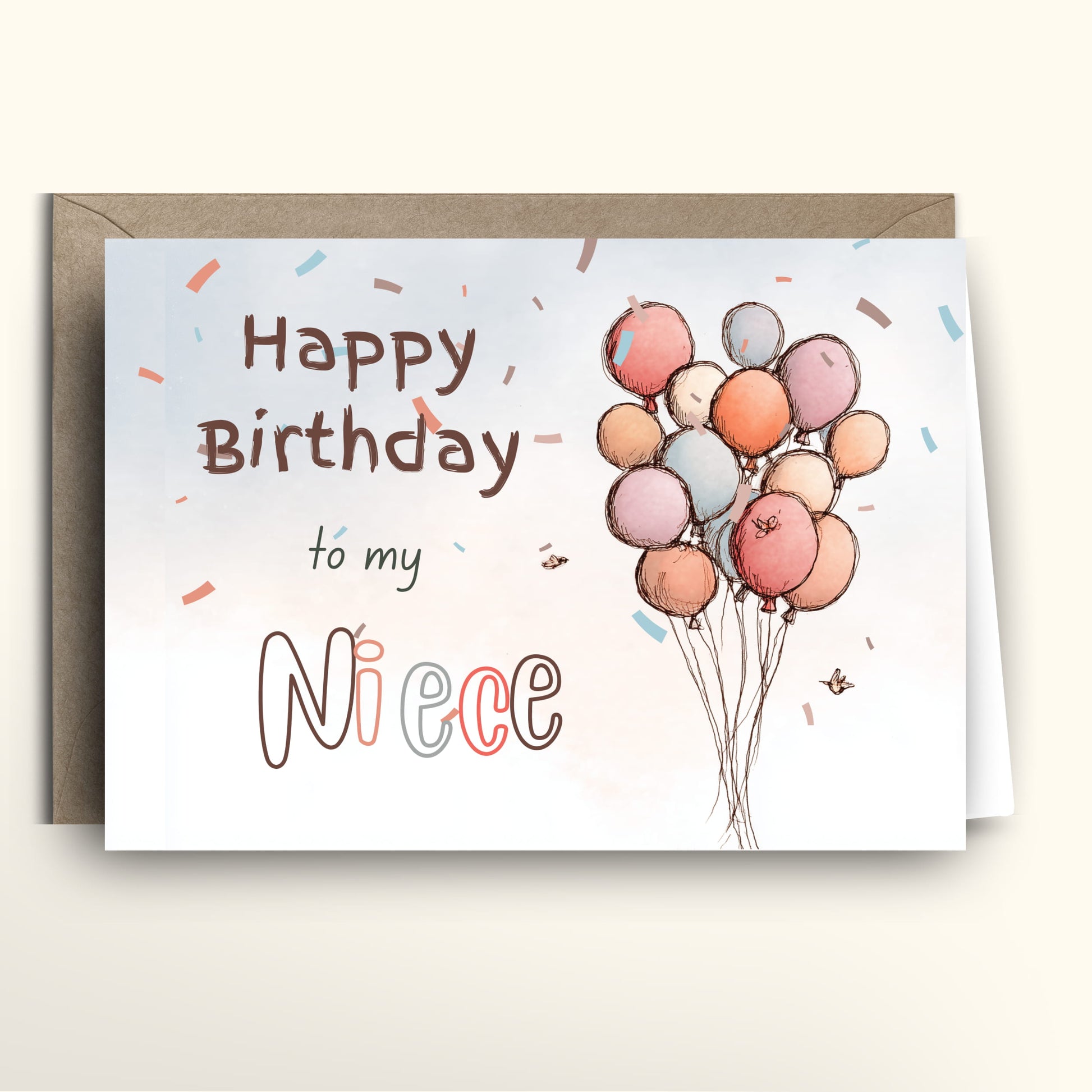 Happy Birthday card with balloons, confetti and text "Happy Birthday to my Niece"