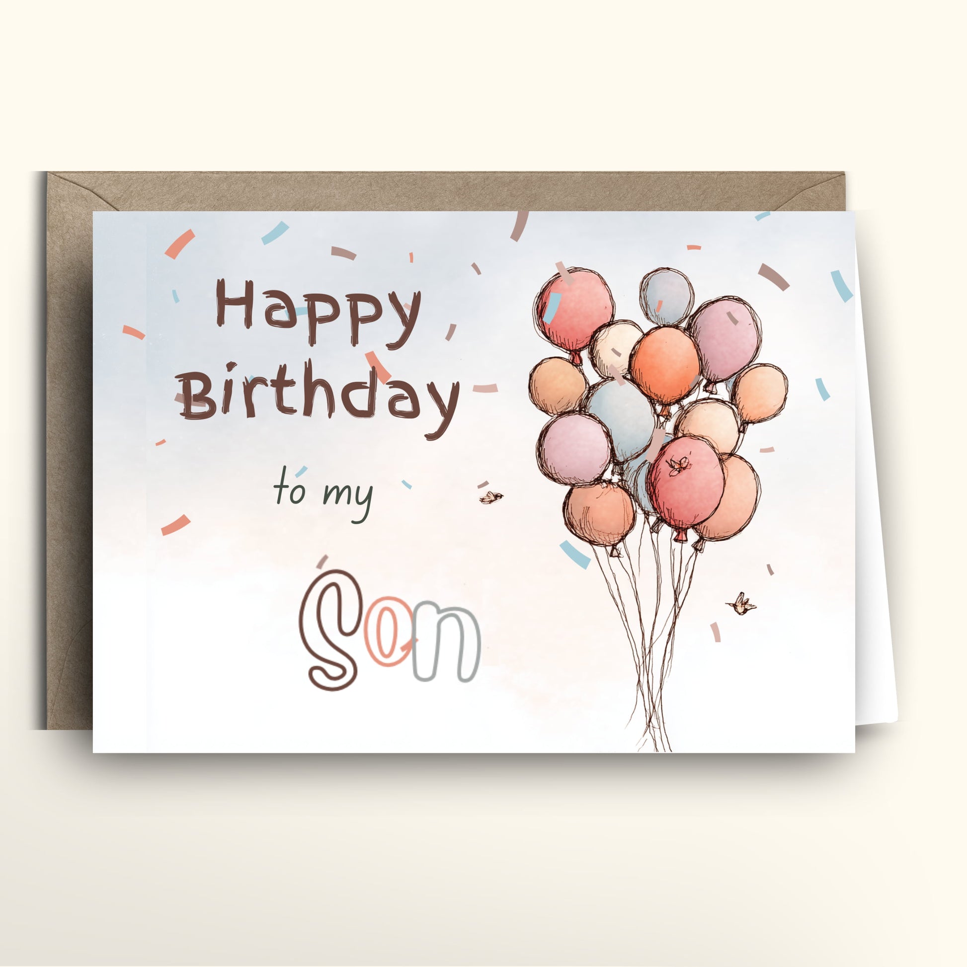 Happy Birthday card with balloons, confetti and text "Happy Birthday to my Son"