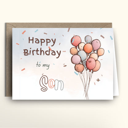 Happy Birthday card with balloons, confetti and text "Happy Birthday to my Son"