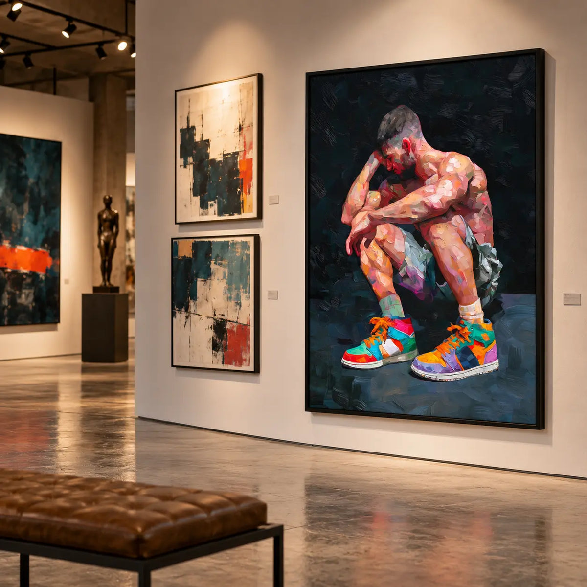Pause gay art print hanging in a contemporary art gallery beside abstract works, a crouching man with head bowed in colourful trainers, leather bench in front