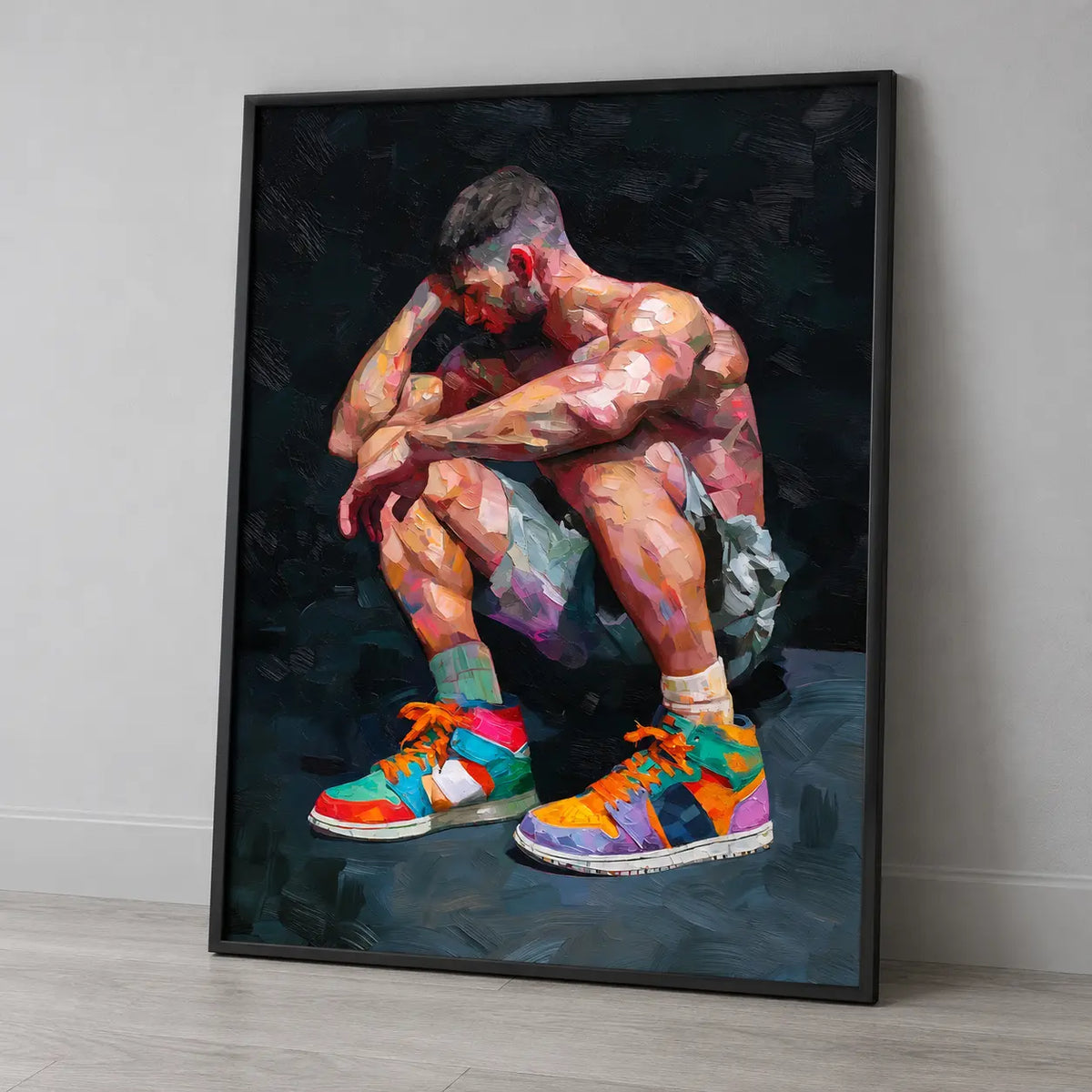 Pause gay art print in a black frame leaning against a plain light grey wall on a pale wood floor, a muscular man crouching in bright trainers
