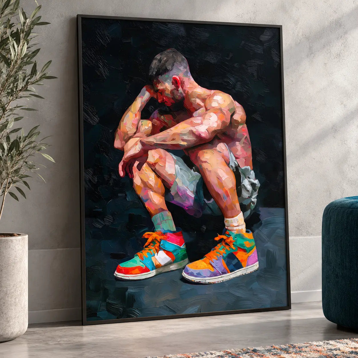 Pause gay art print in a black frame leaning on a grey wall beside a teal velvet pouf and olive tree, a crouching man in colourful high-top trainers