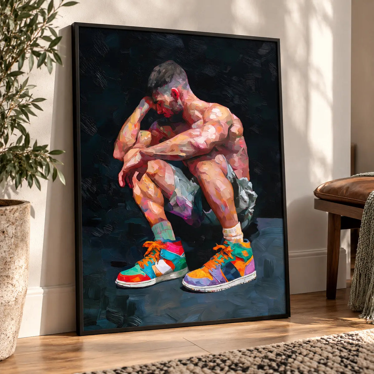 Pause gay art print in a black frame leaning against a sunlit white wall beside a potted plant, a crouching man in colourful high-top trainers