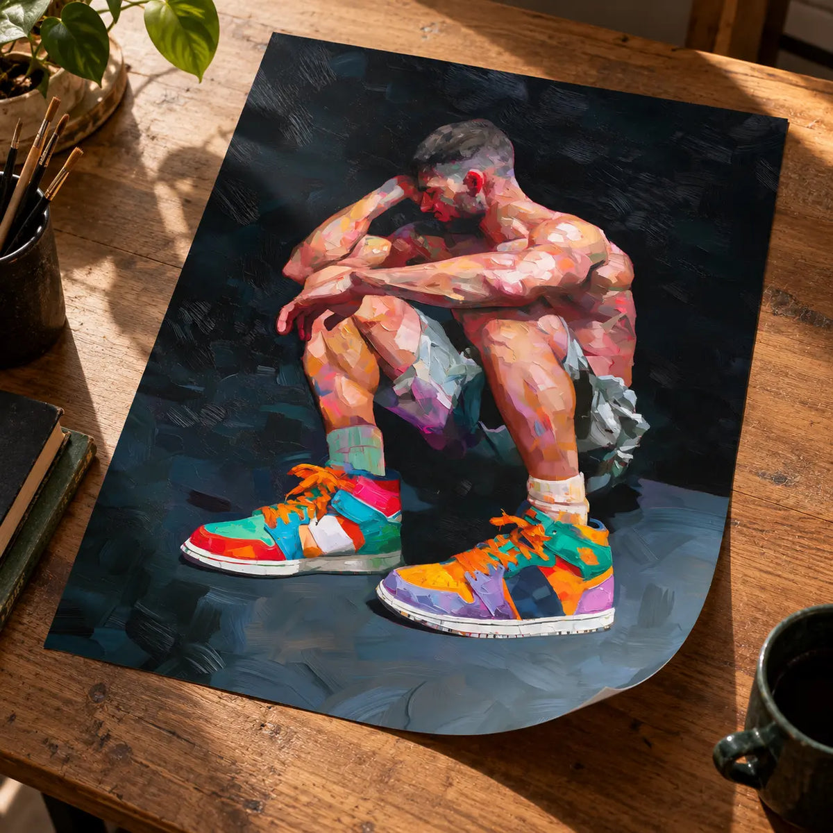 Unframed Pause poster lying on a wooden desk with a mug and plant, a muscular man crouching in colourful high-top trainers on a charcoal background